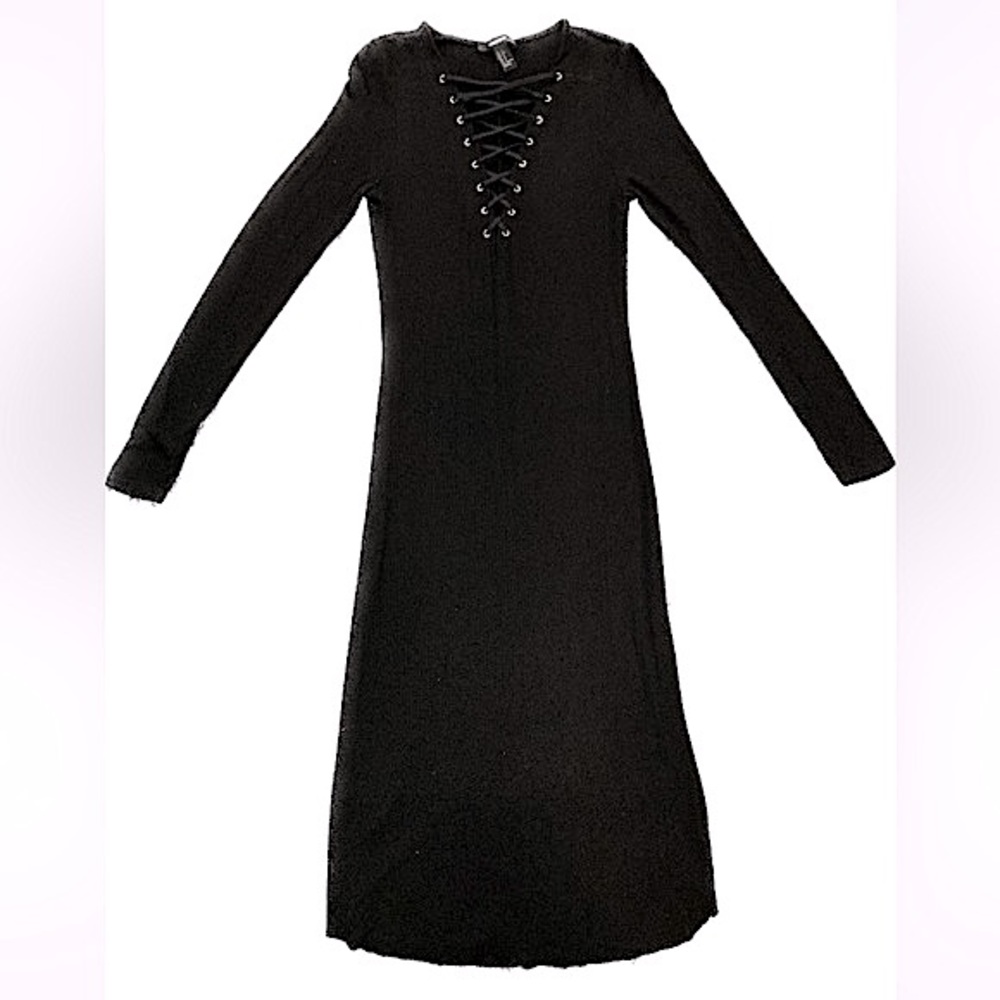 A06 Forever 21 Ribbed Midi Dress Black Lace Up V Neck Knit Bodycon sz Small